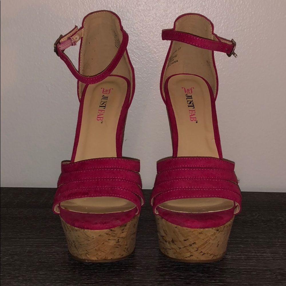 Open toe Magenta high heel wedges with ankle strap